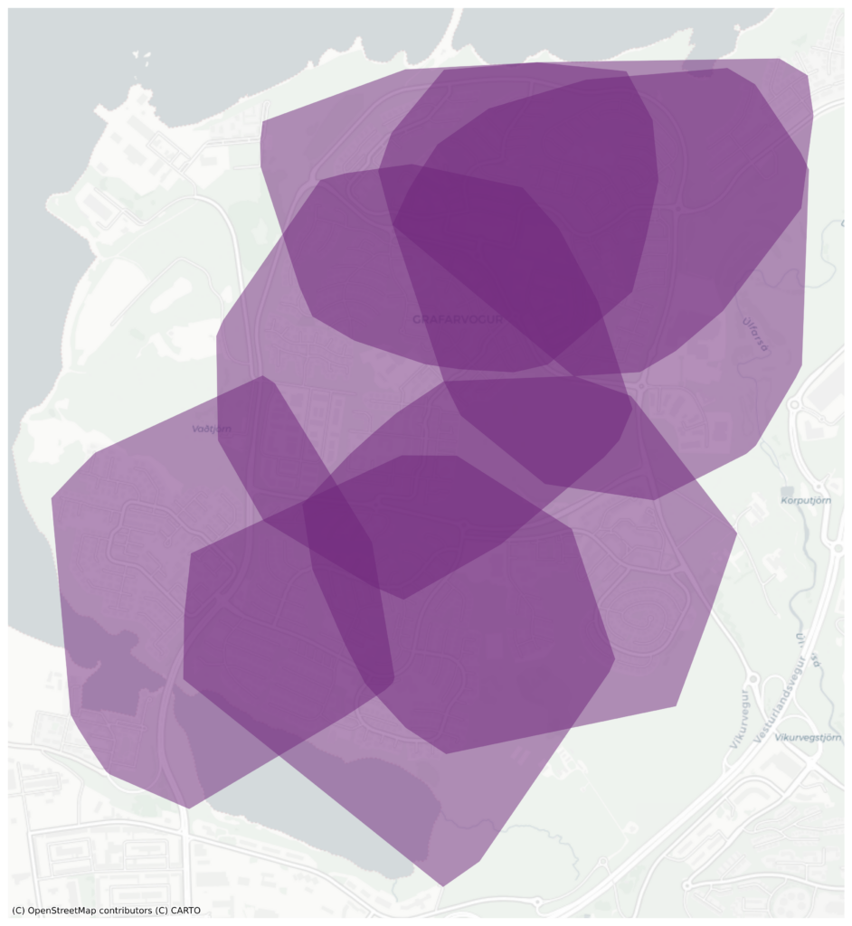 Vatnasvið sjö grunnskóla í Grafarvogi, þ.e. svæðið sem hægt er að nálgast þá frá á 15 mínútna göngu.